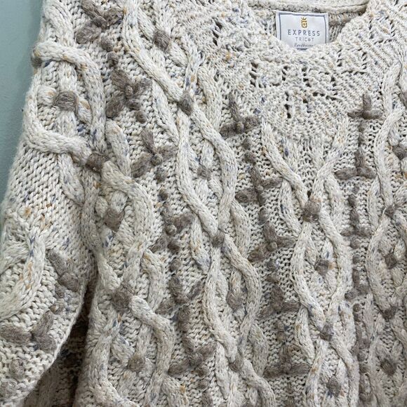 Express Chunky Cable Knit Sweater Handknitted Oversized Womens Small Tan Cozy - Picture 3 of 10